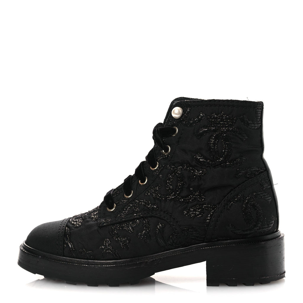 Chanel Grosgrain Tweed Pearl CC Combat Short Boots 39 Black