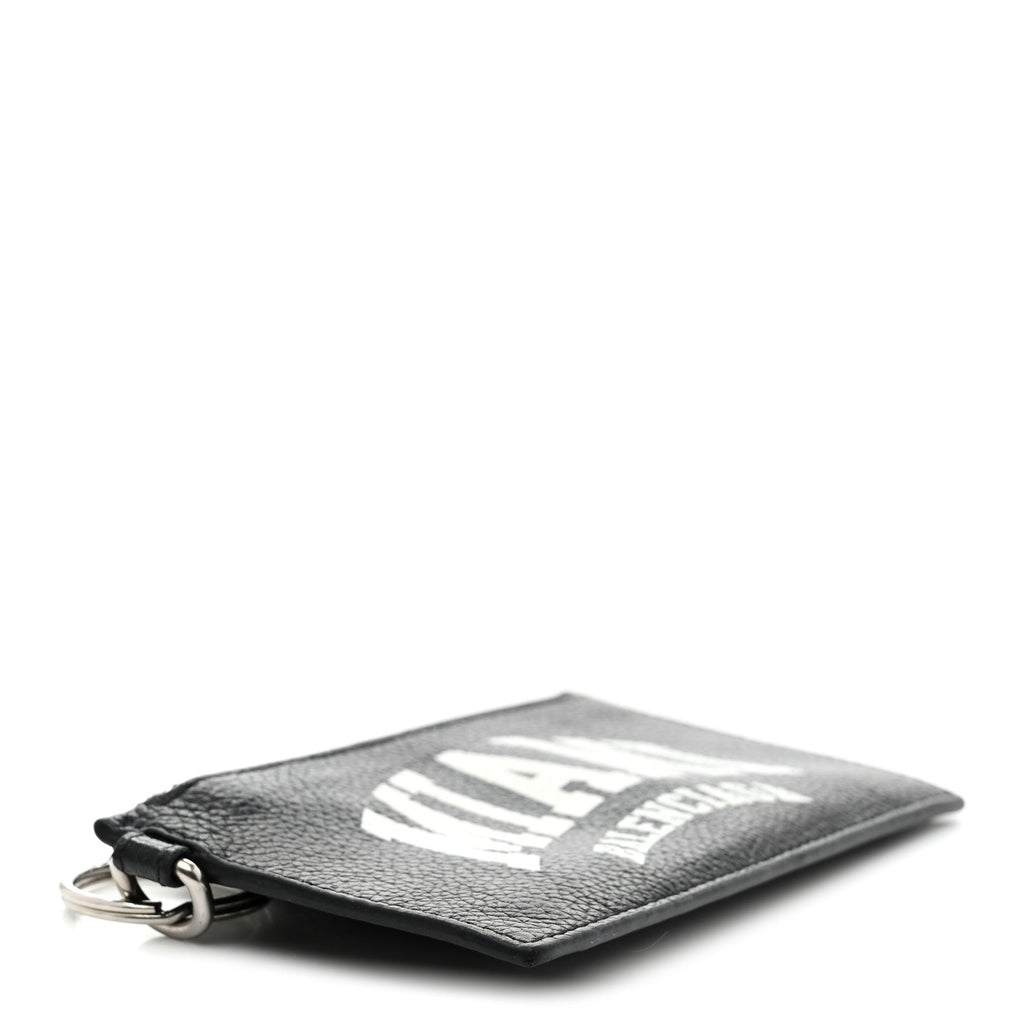 Balenciaga Grained Calfskin Miami Logo Cash Coin Card Holder On Keychain Black
