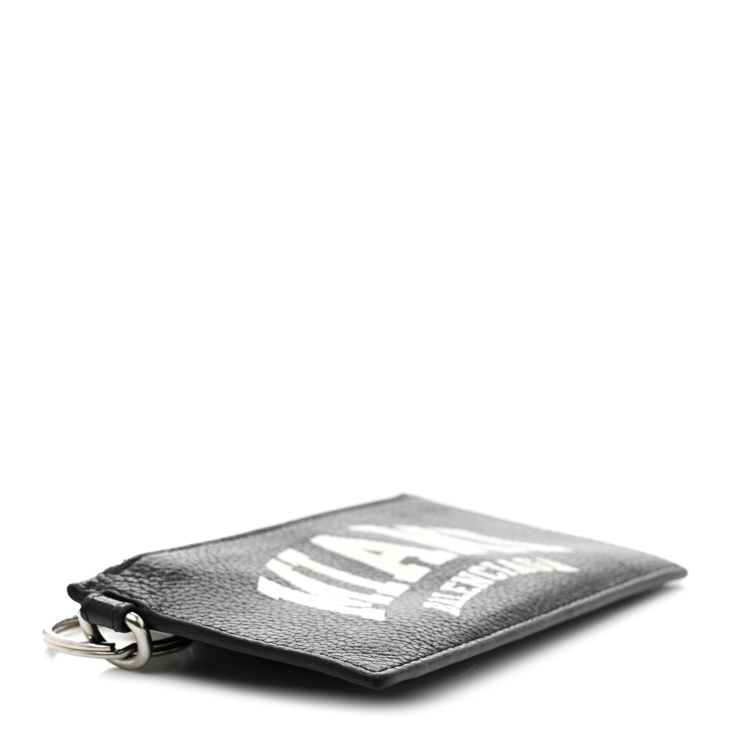 Balenciaga Grained Calfskin Miami Logo Cash Coin Card Holder On Keychain Black