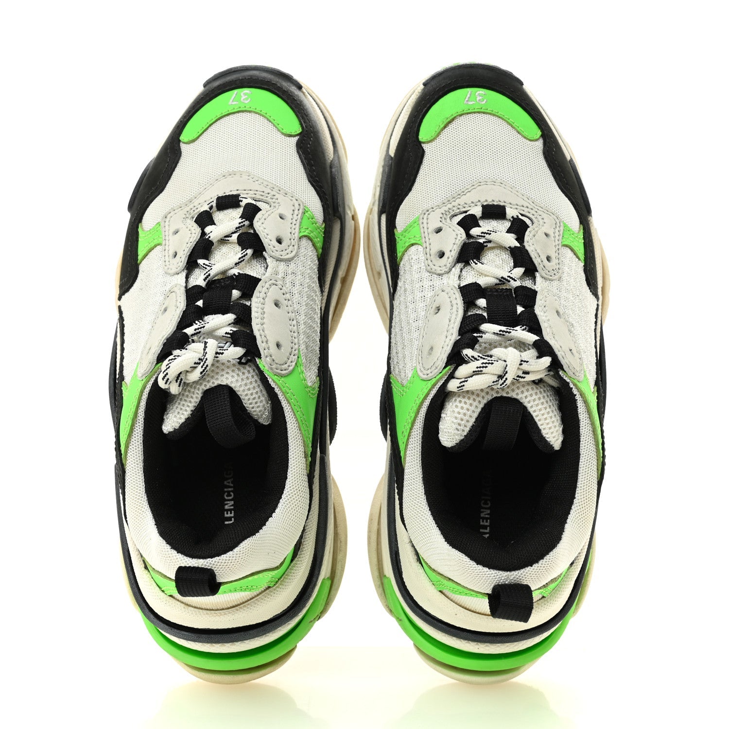 Balenciaga Fabric Mesh Womens Triple S Sneakers 37 White Green Fluo Black