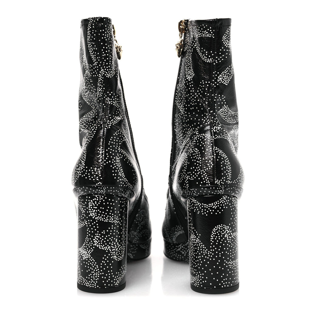 Chanel Calfskin Camellia Printed Ankle Boots 38.5 Black White