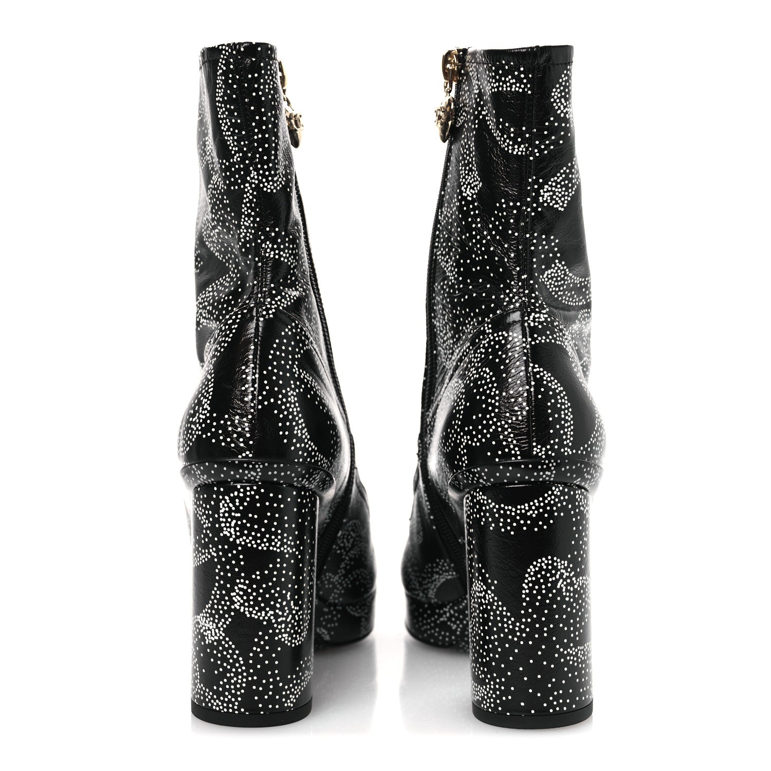 Chanel Calfskin Camellia Printed Ankle Boots 38.5 Black White