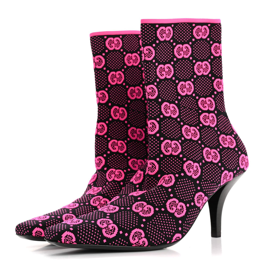 Gucci Technical Jersey Knit GG Monogram Square G 75mm Ankle Boots 37 Black Neon Fucsia