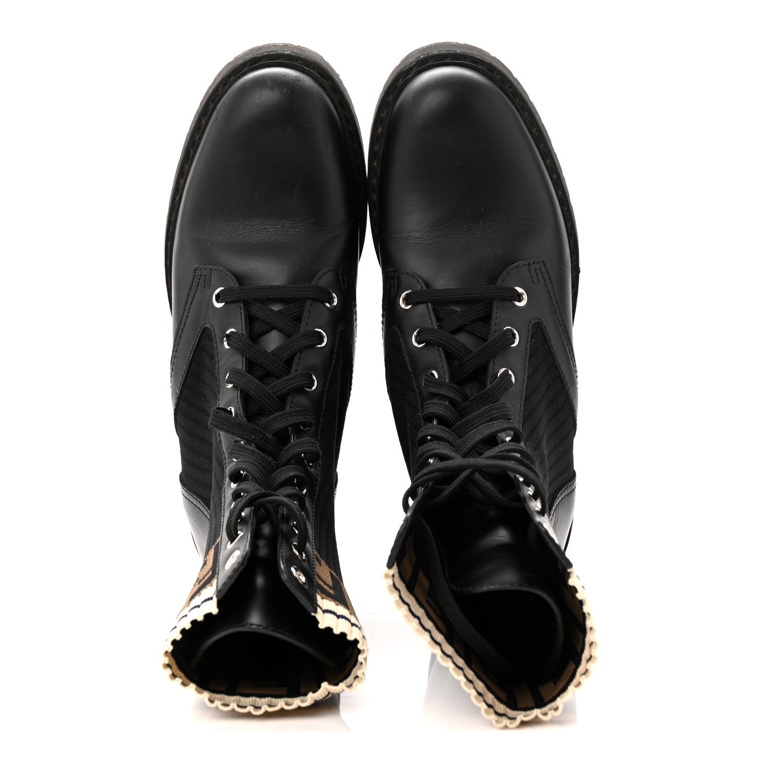 Fendi Calfskin Stretch Fabric Rockoko Biker Boots 38 Tobacco Black Marino