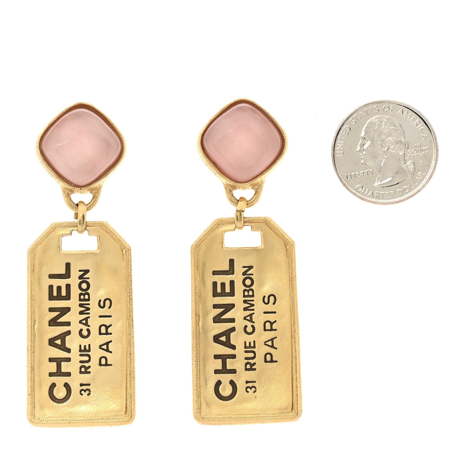 Chanel Metal CC Tags Drop Earrings Gold Pink