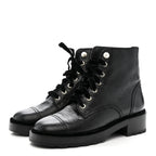 Chanel Shiny Calfskin Velvet Pearl Combat Short Boots 38 Black