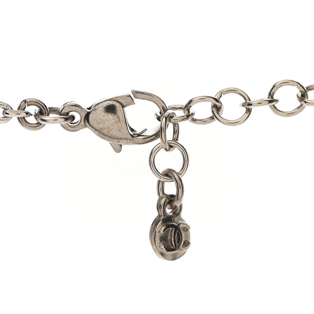 Chanel Crystal Bead CC Long Necklace Silver Black Transparent