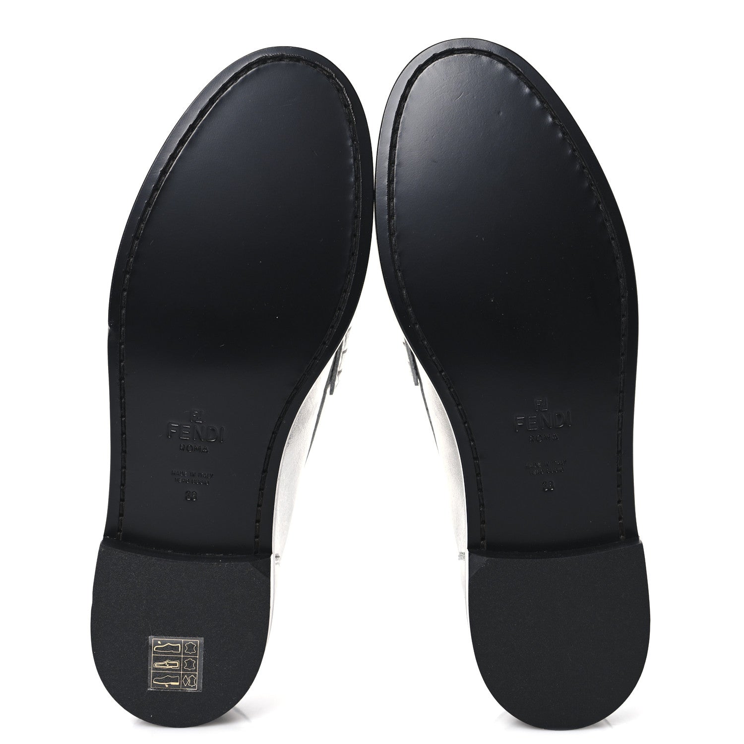 Fendi Metallic Vitello Womens Baguette Loafers 38 Argento