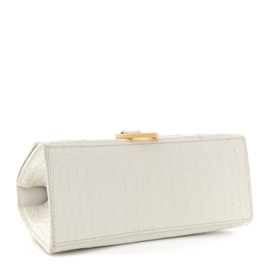 Balenciaga Calfskin Crocodile Embossed Small Hourglass Top Handle Bag White