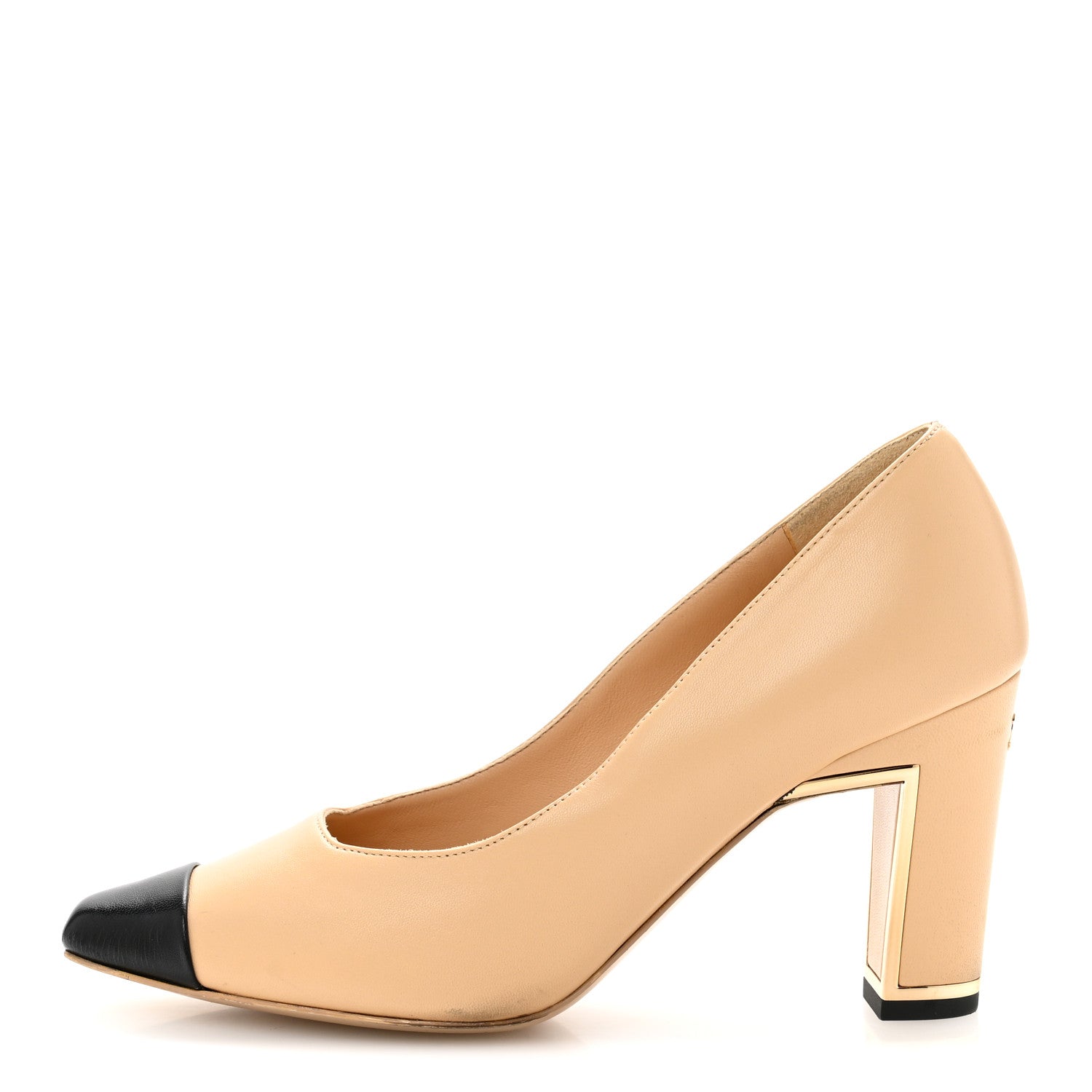 Chanel Lambskin Cap Toe Metal Heel Pumps 37.5 Beige Black