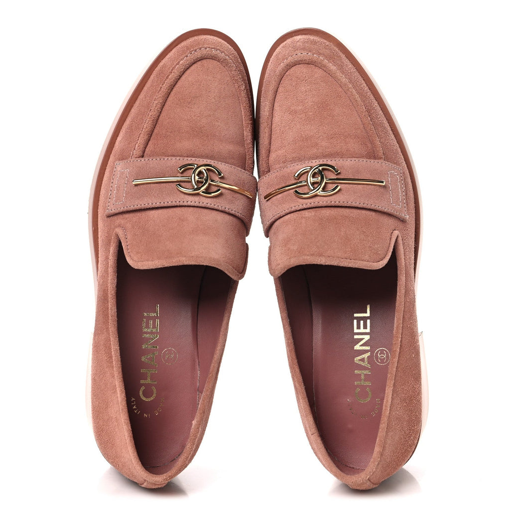 Chanel Suede Metal CC Mocassin Loafers 38 Pink
