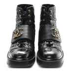 Chanel Shiny Calfskin Quilted Lace Up Combat Boots 38.5 Black