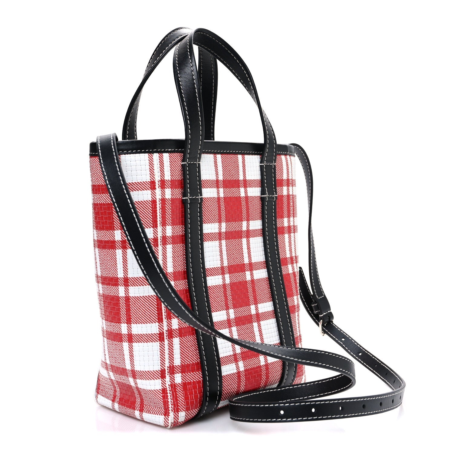 Balenciaga Calfskin Embossed Plaid North-South Small Barbes Shopper Tote Red