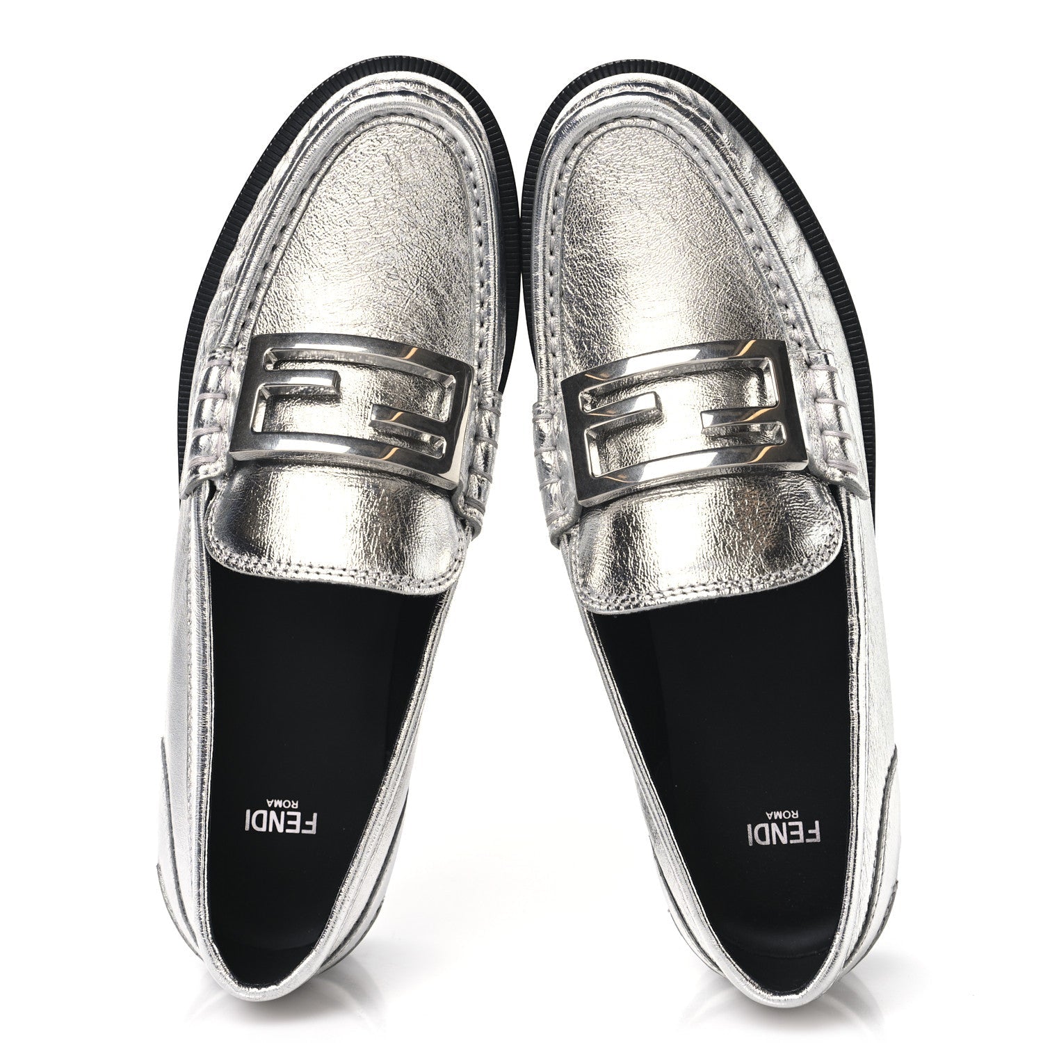 Fendi Metallic Vitello Womens Baguette Loafers 38 Argento