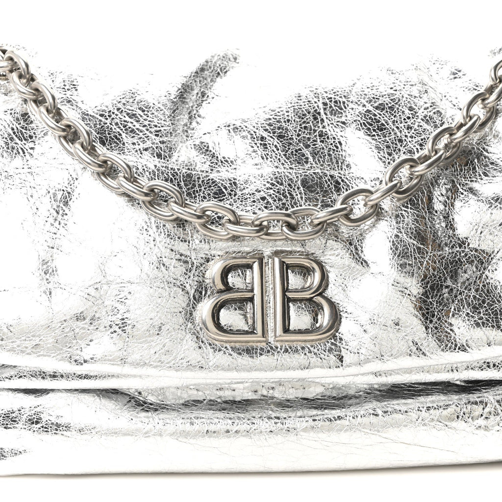Balenciaga Metallized Arena Calfskin Medium Monaco Chain Shoulder Bag Silver