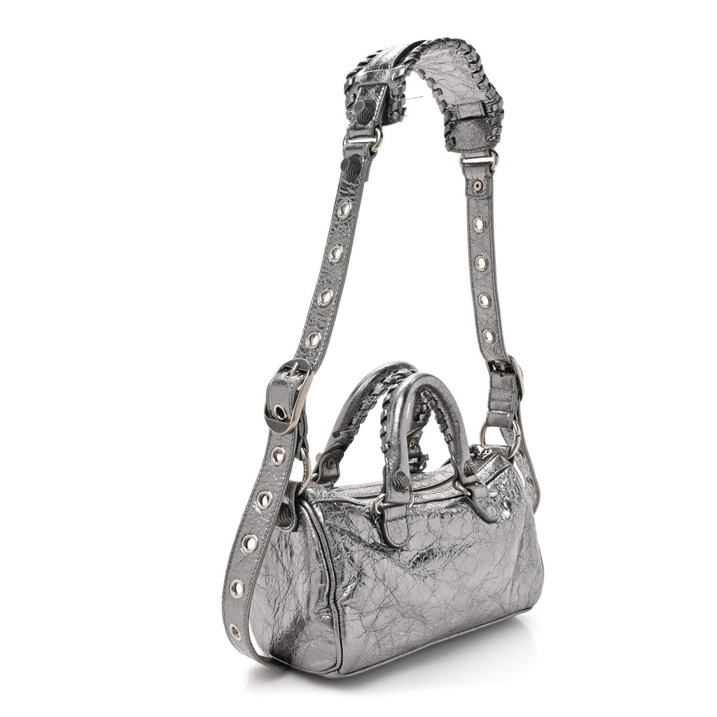 Balenciaga Metallic Agneau Arena Mini Le Cagole Duffle Crossbody Bag Silver
