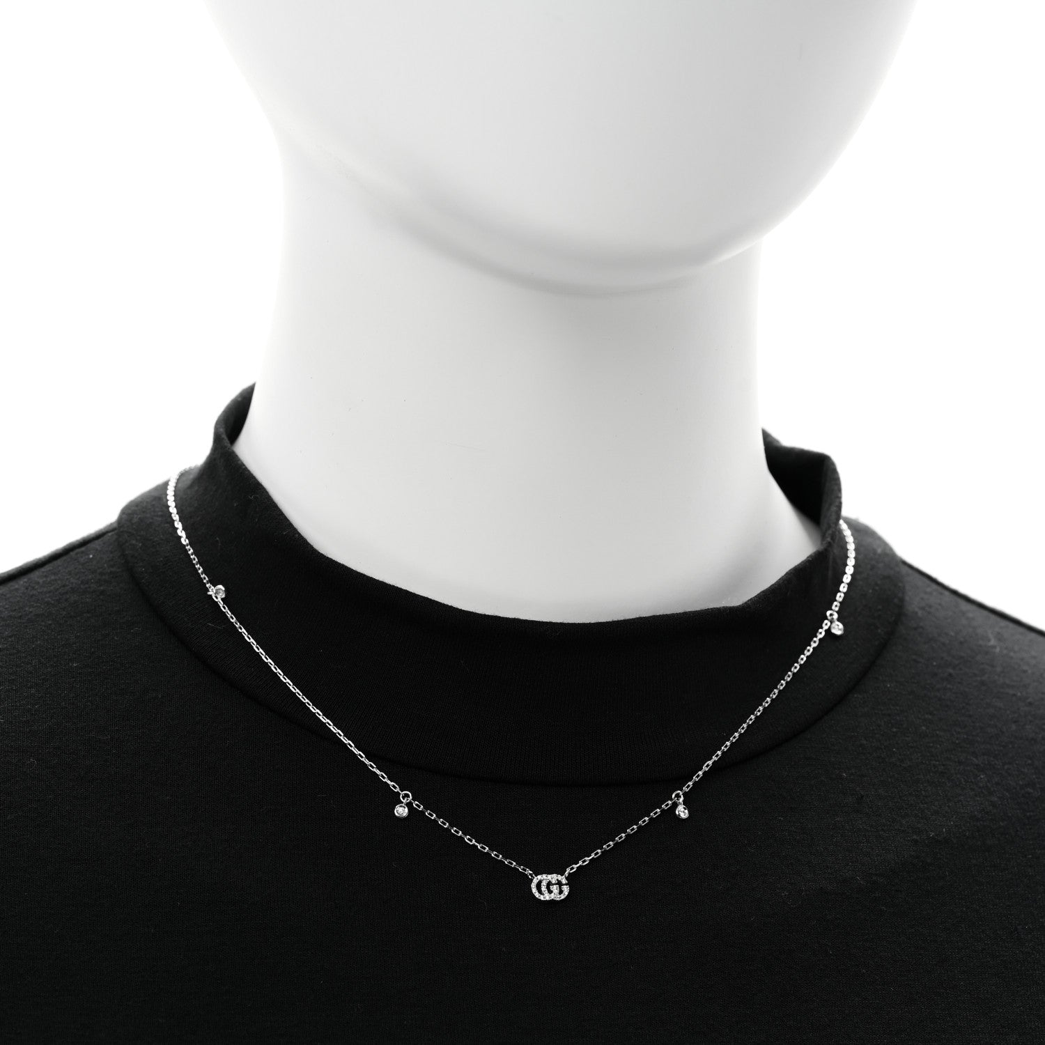 Gucci 18K White Gold Diamond Running GG Pendant Necklace