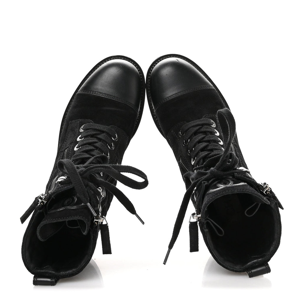 Chanel Suede Calfskin Quilted Lace Up Combat Boots 37 Black
