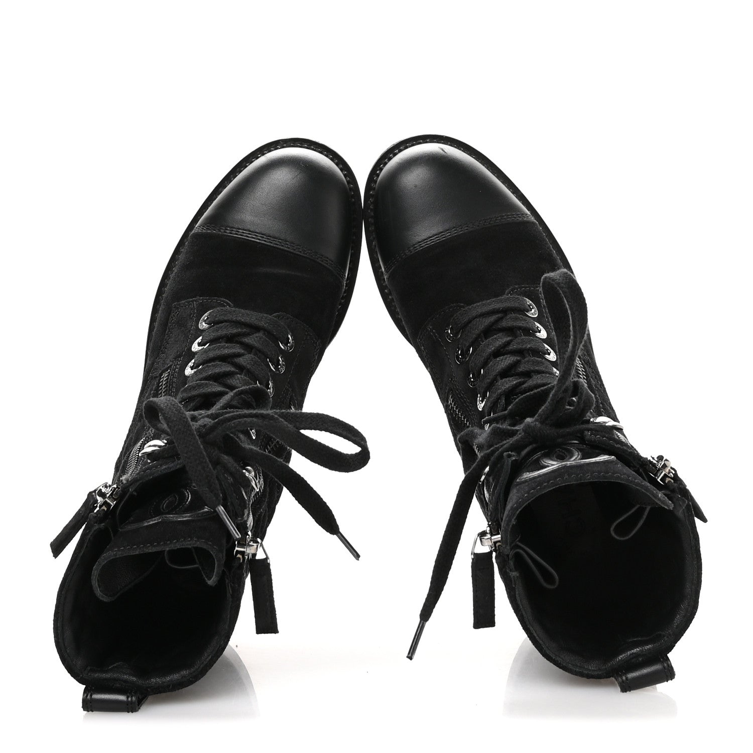 Chanel Suede Calfskin Quilted Lace Up Combat Boots 37 Black