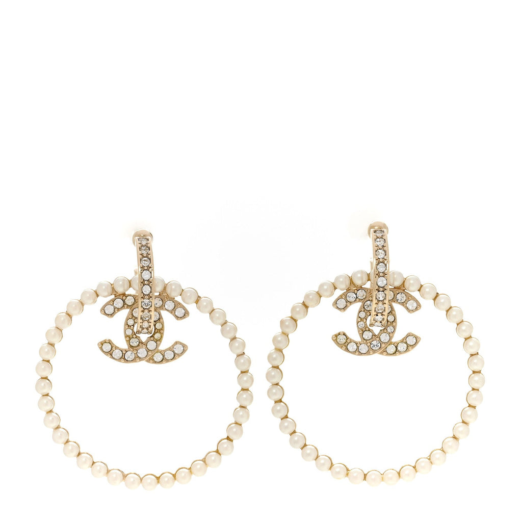 Chanel Crystal Pearl CC Door Knocker Hoop Earrings Gold Pearly White