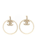 Chanel Crystal Pearl CC Door Knocker Hoop Earrings Gold Pearly White