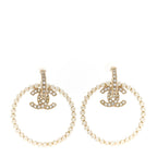 Chanel Crystal Pearl CC Door Knocker Hoop Earrings Gold Pearly White