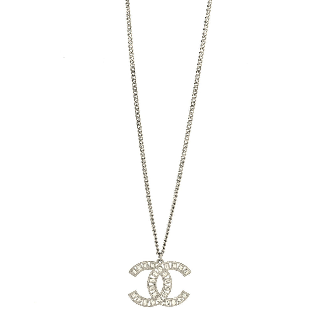 Chanel Metal Crystal CC Long Chain Necklace Silver