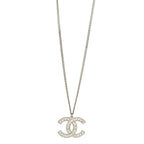 Chanel Metal Crystal CC Long Chain Necklace Silver