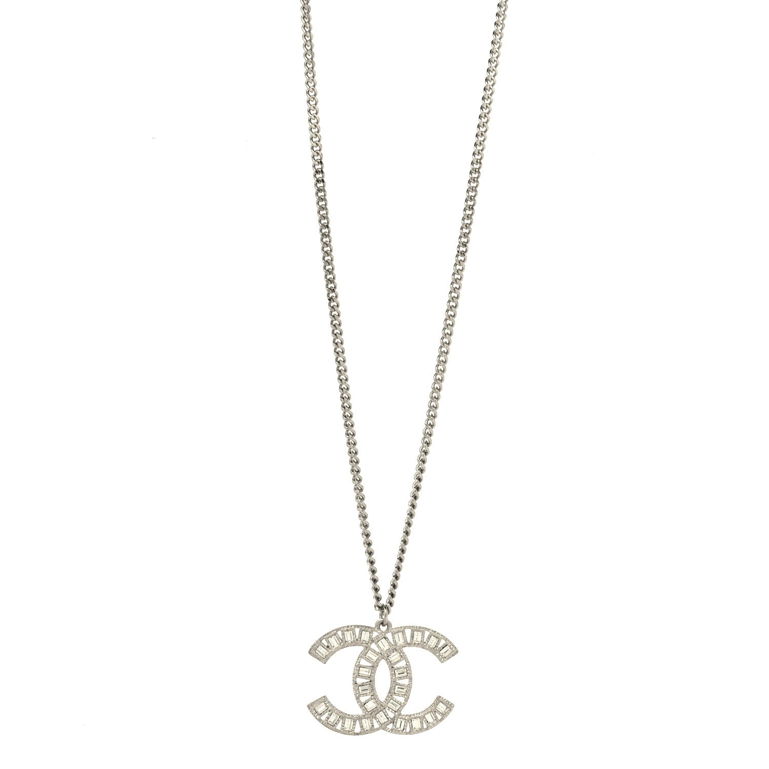 Chanel Metal Crystal CC Long Chain Necklace Silver