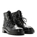 Chanel Shiny Lambskin Quilted Lace Up Combat Boots 38.5 Black