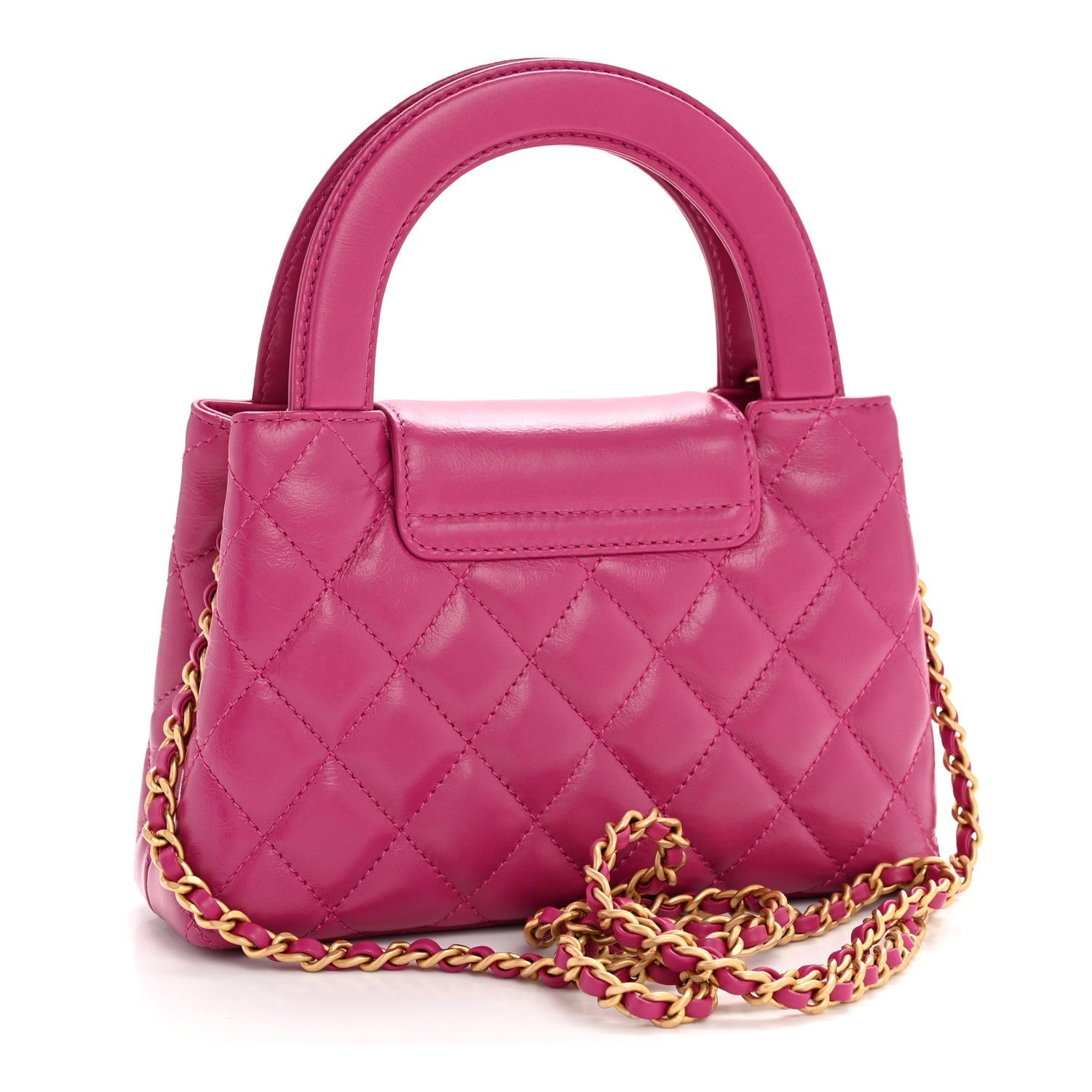 Chanel Shiny Aged Calfskin Quilted Nano Kelly Shopper Dark Pink