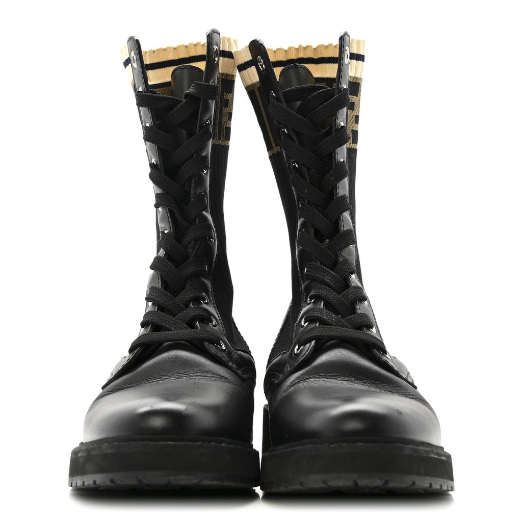 Fendi Calfskin Stretch Fabric Rockoko Biker Boots 36 Tobacco Black Marino