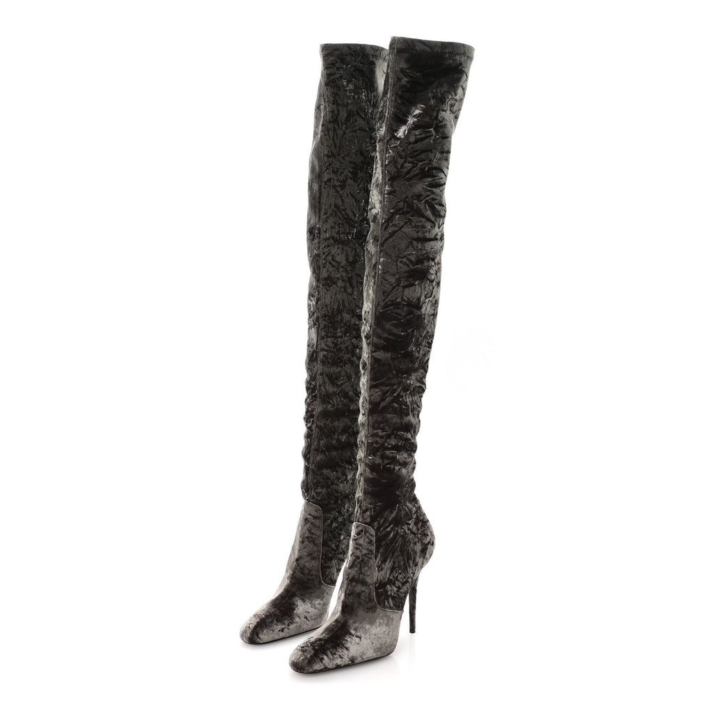 Saint Laurent Velvet Ella Knee High Boots 39.5 Bella Green