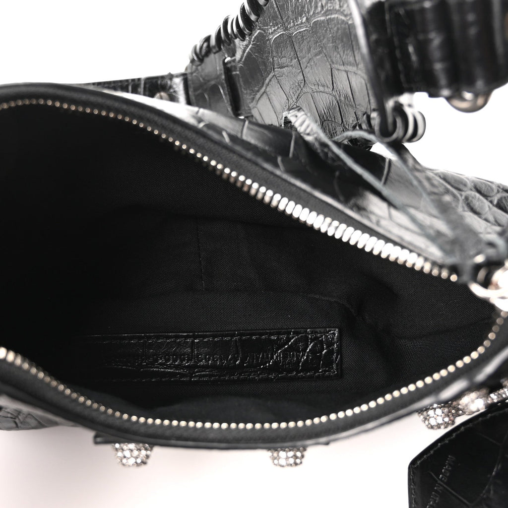 Balenciaga Extra Supple Calfskin Crystal Crocodile Embossed Le Cagole Shoulder Bag XS Black
