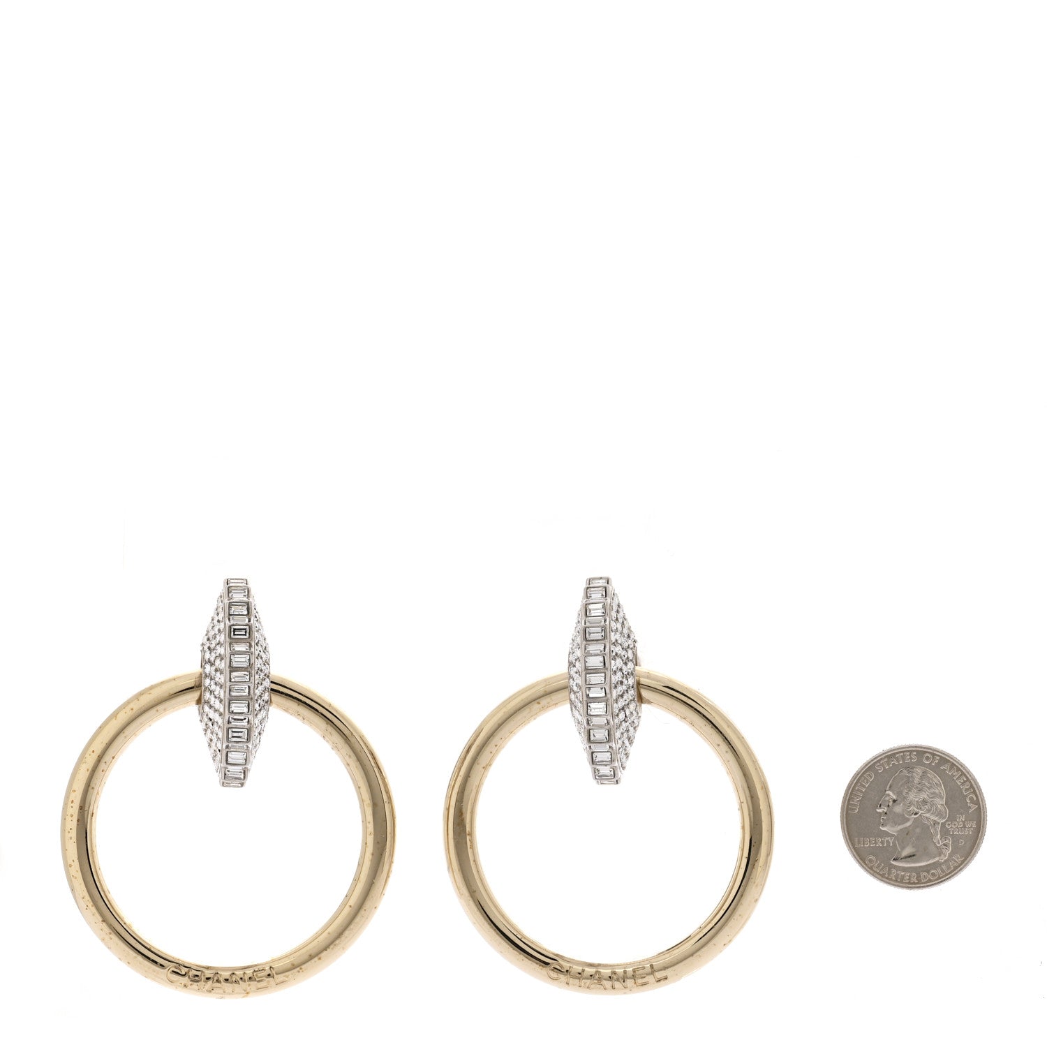Chanel Baguette Crystal Hoop Clip On Earrings Gold