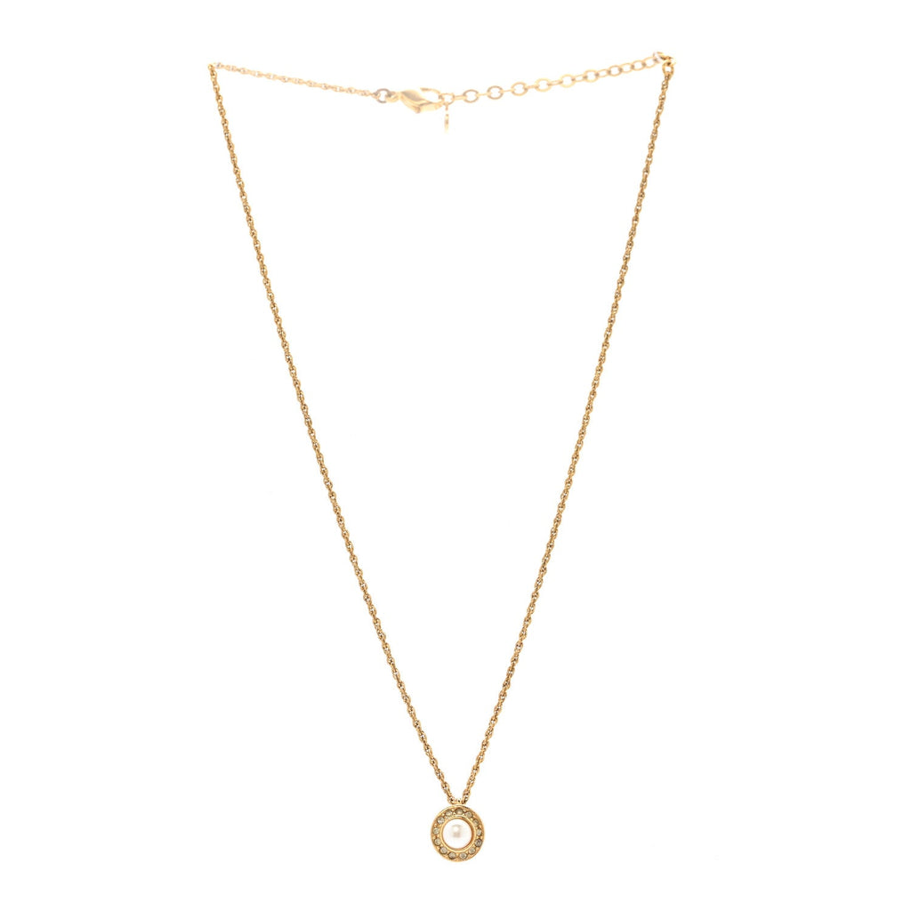 Christian Dior Crystal Pearl Pendant Necklace Gold