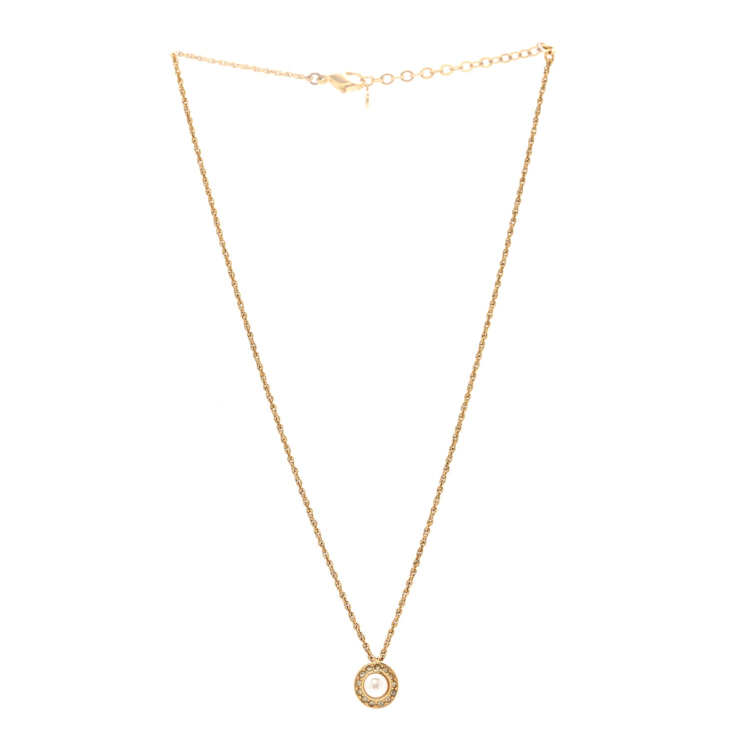 Christian Dior Crystal Pearl Pendant Necklace Gold