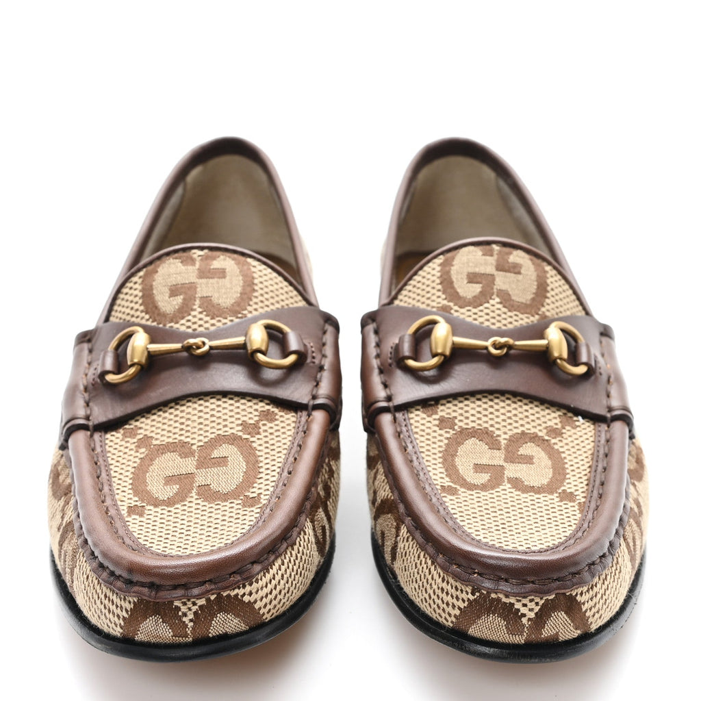 Gucci Monogram Jumbo GG Malaga Kid Horsebit Womens Jordaan Loafers 36.5 Beige Ebony New Acero