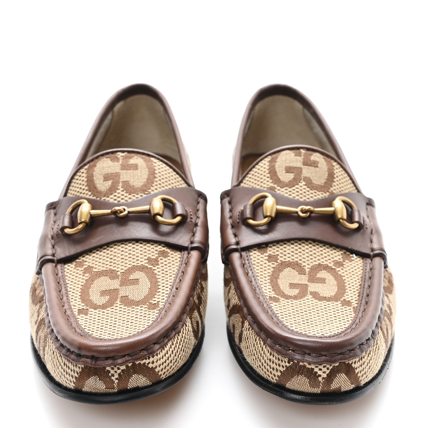Gucci Monogram Jumbo GG Malaga Kid Horsebit Womens Jordaan Loafers 36.5 Beige Ebony New Acero