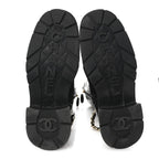 Chanel Shiny Calfskin Patent Quilted Chain Lace Up Combat Long Boots 38.5 Black