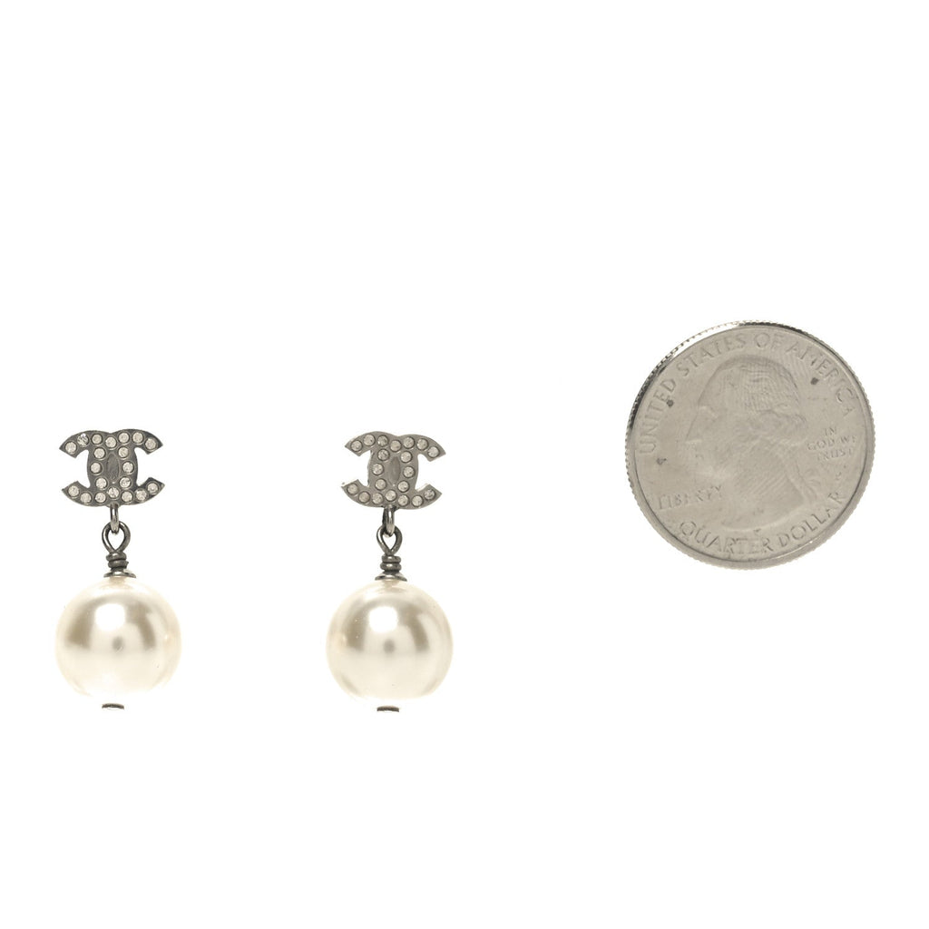 Chanel Crystal Pearl CC Drop Earrings Silver