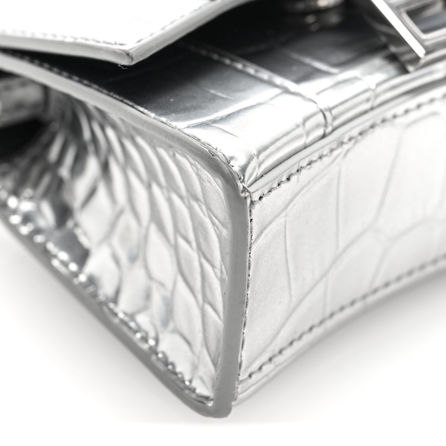 Balenciaga Metallic Calfskin Crocodile Embossed Hourglass Top Handle Bag Mini Silver