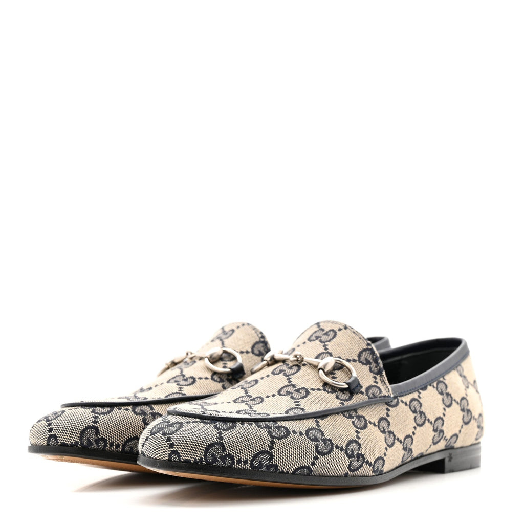 Gucci Monogram Malaga Kid Horsebit Womens Jordaan Loafers 36 Beige Blue