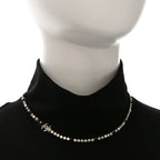 Chanel Crystal Pearl Glass Beaded CC Short Necklace Gold White Black