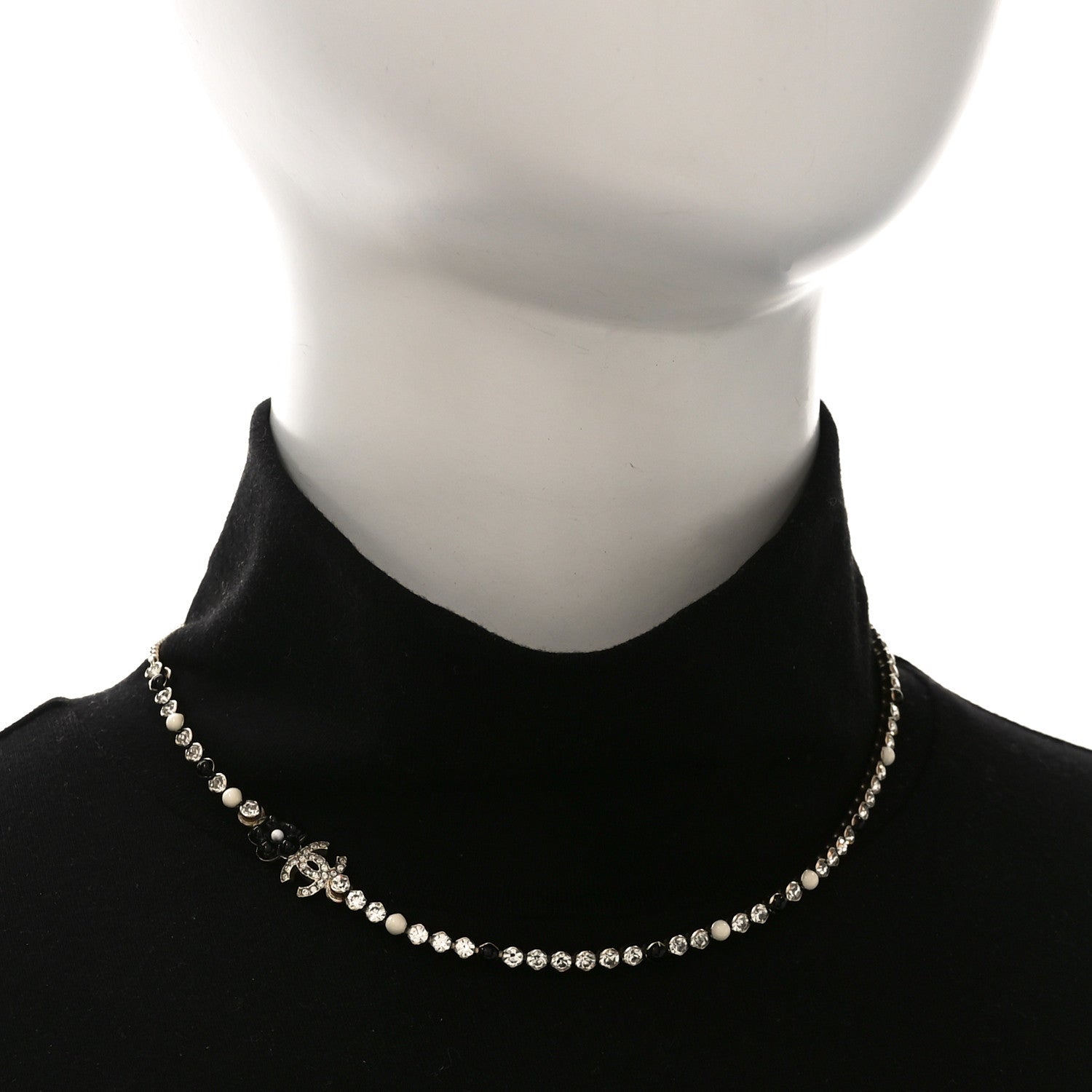 Chanel Crystal Pearl Glass Beaded CC Short Necklace Gold White Black