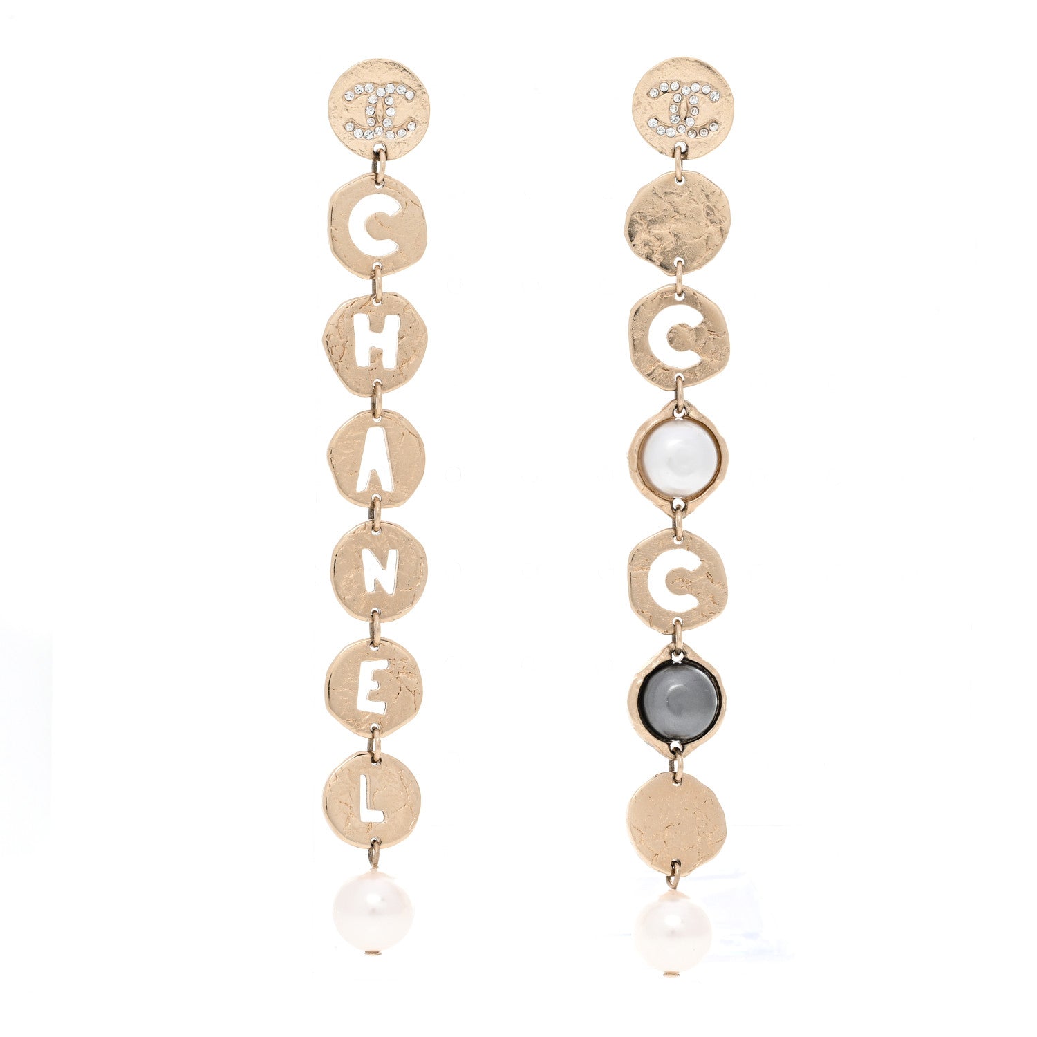 Chanel Pearl Crystal Papyrus Drop Strand Earrings Gold Grey