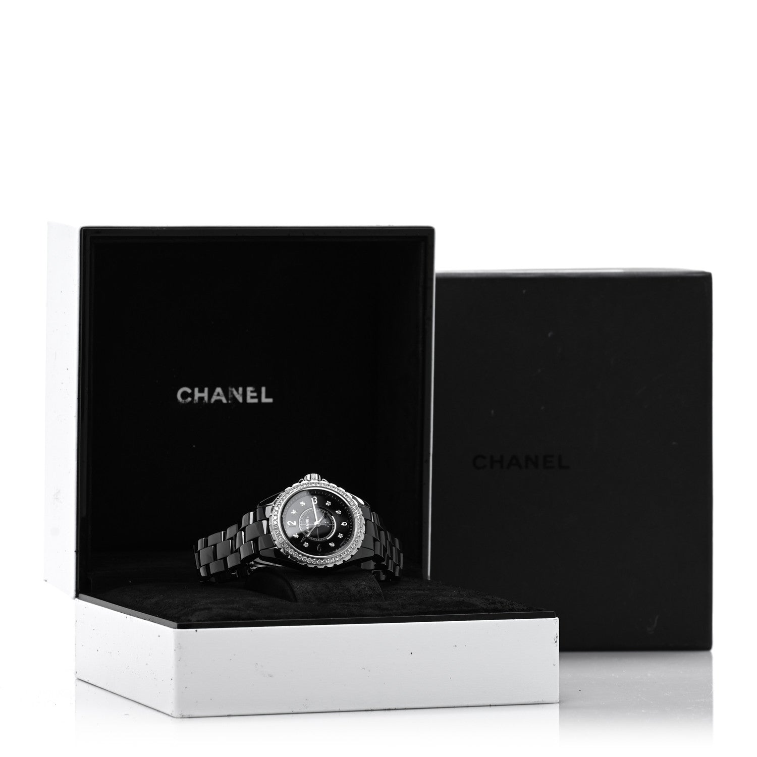 Chanel Stainless Steel Ceramic Diamond Bezel 33mm J12 Quartz Watch Black