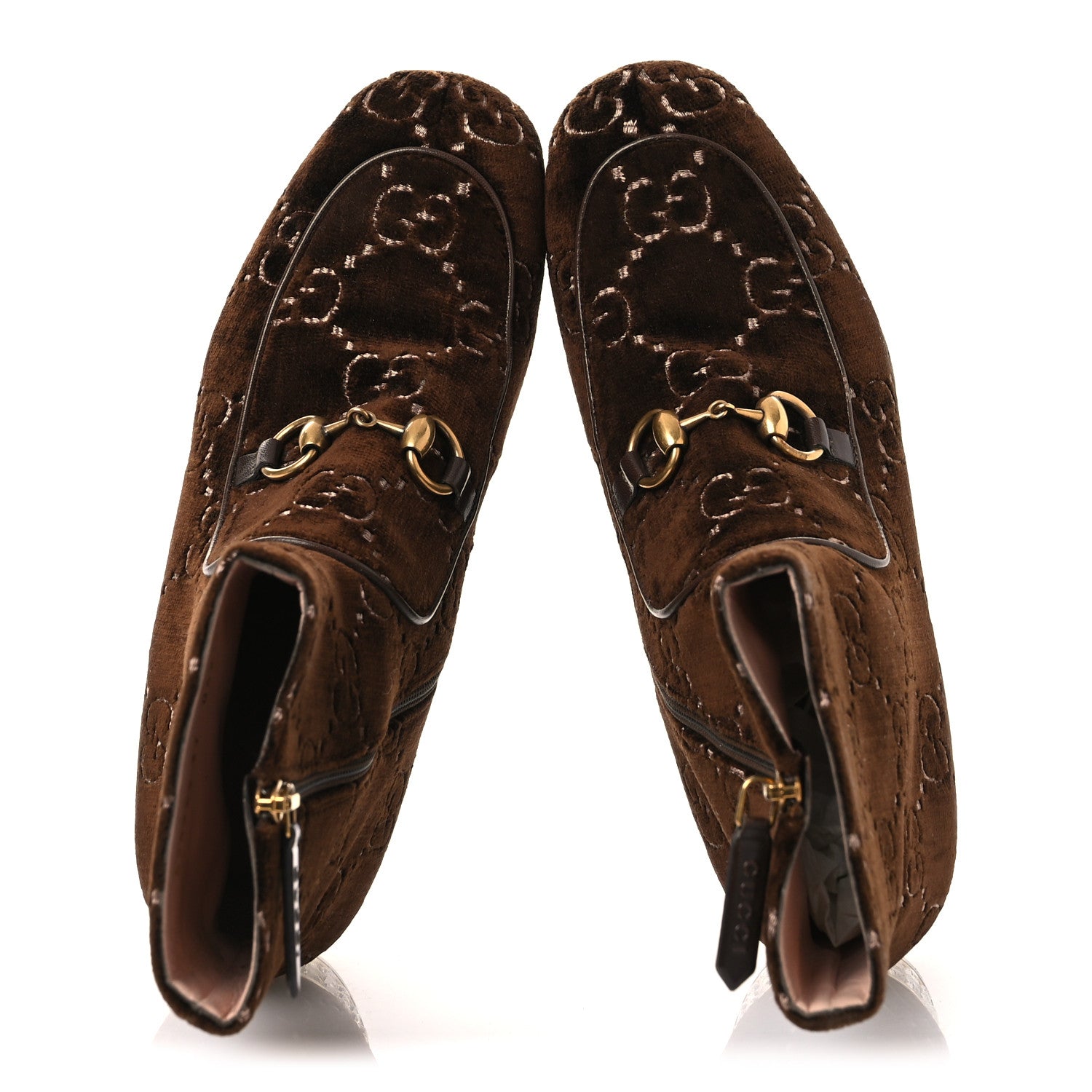 Gucci Velvet GG Monogram Crystal Horsebit Ankle Boots 37 Brown Vintage Cocoa