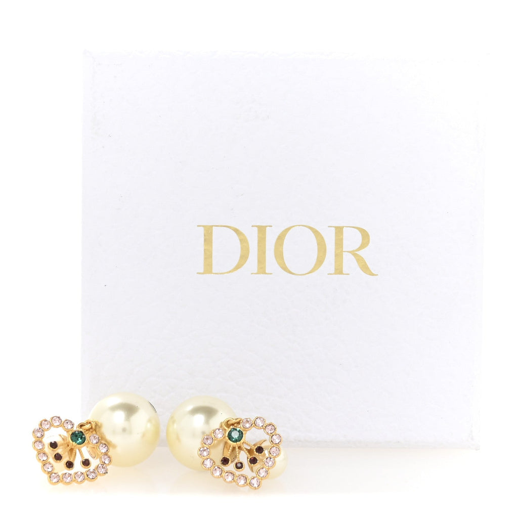 Christian Dior Pearl Crystal Heart Tribal Earrings Gold Multicolor
