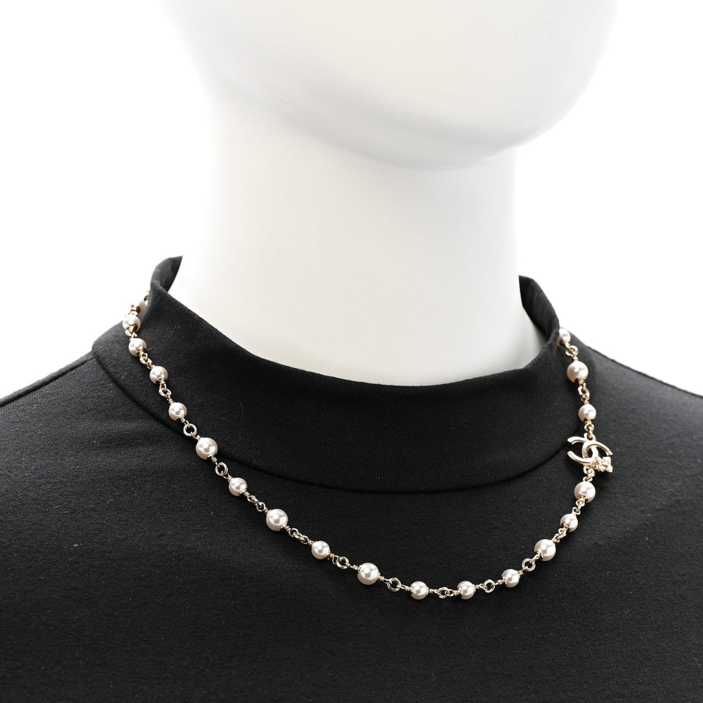 Chanel Pearl Crystal CC Flower Necklace Pearly White Light Gold